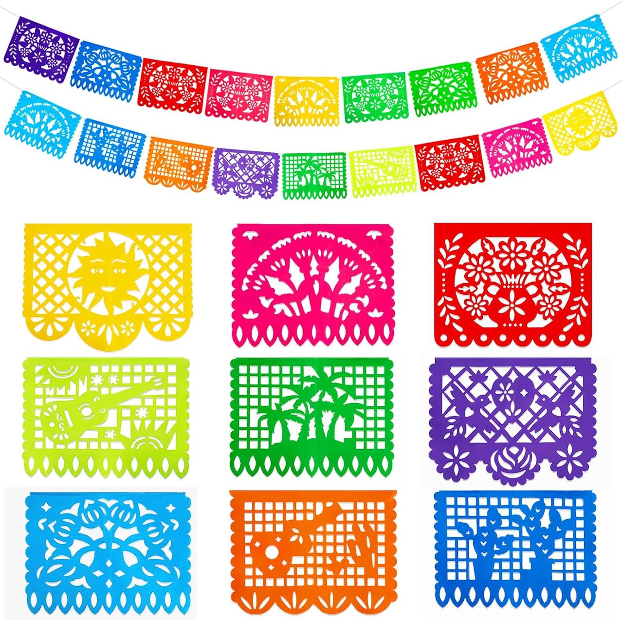 2-Pack 36FT Cinco de Mayo Mexican Fiesta Banner Set – Papel Picado Style Hanging Decorations for Día de los Muertos, Birthday, Wedding & Party Supplies